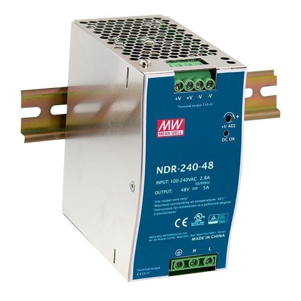 Ac - Dc industriële Din - rail voeding met enkele uitgang; uitgang 24Vdc bij 10A metalen behuizing