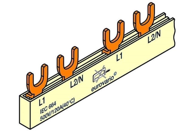 Barrette isolée à fourchettes 10mm² 2 pôles 8 modules avec embouts