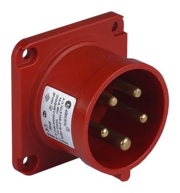 Panel mount appliance inlet CEE straight compact flange 75 x 75mm 5 x 32A 380 - 415Vac Red IP44 quic