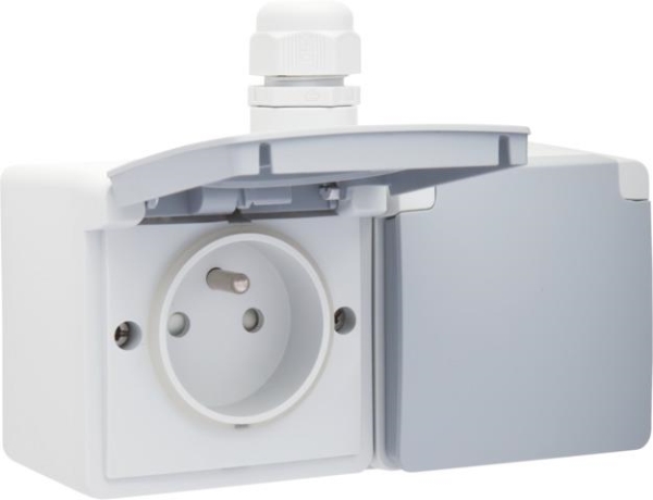 Splashproof, horizontal double wall socket with earth pin, safety shutter and screw terminals; inclu