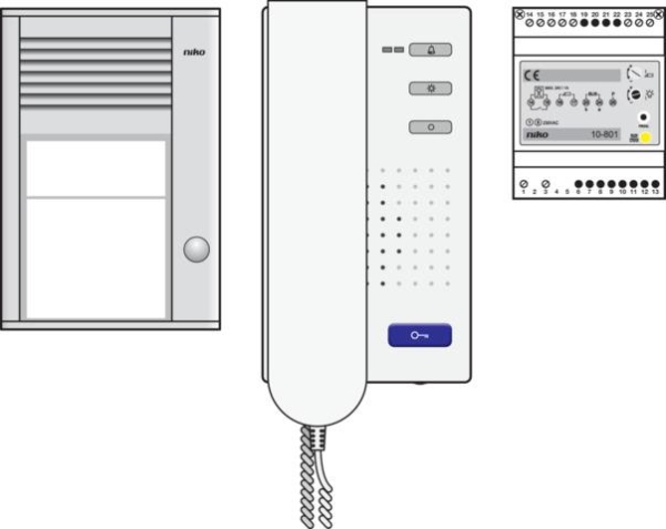 Audiokit met opbouwbuitenpost met één beldrukknop, voeding en binnenpost met hoorn, voorgeprogram.