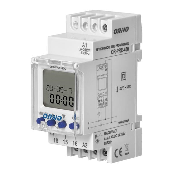 DIN rail digital timer, 52 programmes, 3menu languages PL EN DE, 1 chanel, maximum 16A / 24-264VUC