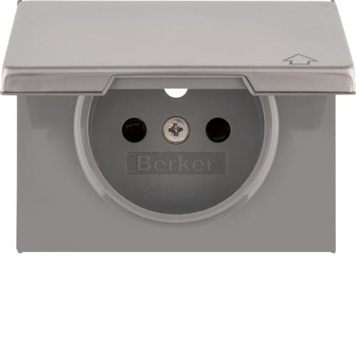 Afwerkingsset voor wandcontactdoos met penaarde met klapdeksel Berker K.5 Inox