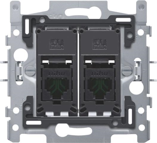 2 x RJ45 - aansluitingen UTP cat5E vlakke uitvoering inclusief inbouwraam met klauwbevestiging