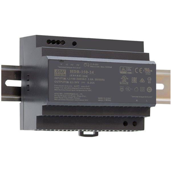 Ac - Dc ultradunne voeding voor Din - rail; ingangsbereik 85 - 264Vac; uitgang 24Vdc bij 6.25A