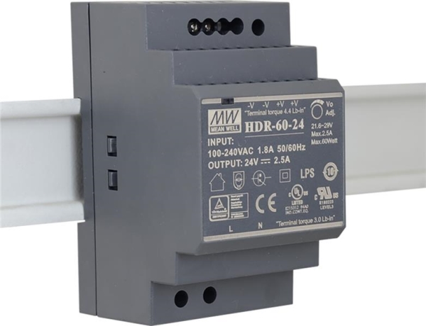 Gestabiliseerde voeding 60W 24Vdc 2.5A op Din rail