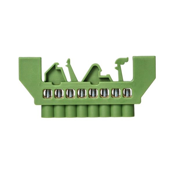 Insulated grounding distribution busbar PE, 8 cables, Green used in electric switchboards