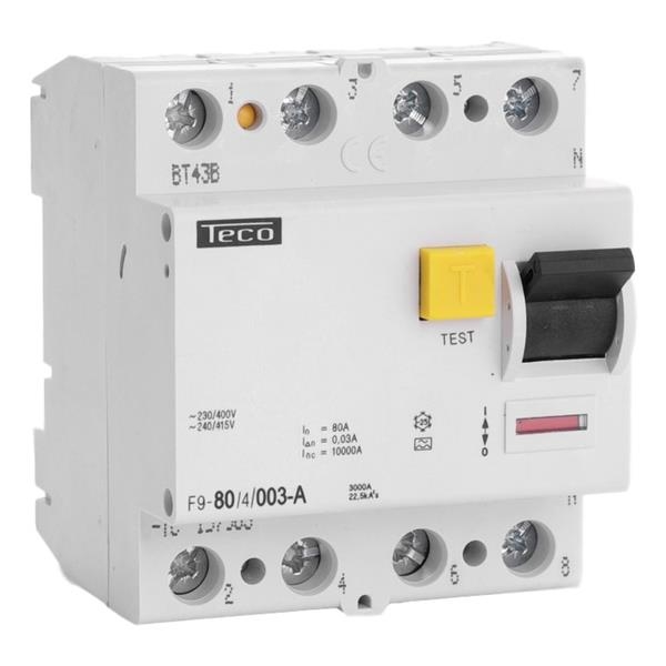 Residual current circuit breaker 4 poles 80A 30mA type A breaking capacity 10kA