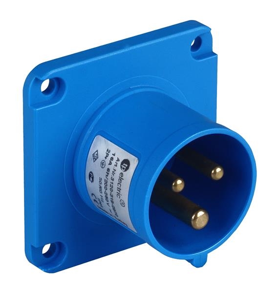 Panel mount appliance inlet CEE straight compact flange 70 x 70mm CEE 3 x 32A 220 - 240Vac Blue IP44