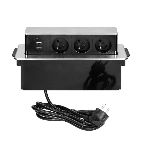 Boîtier d'alimentation encastré pour meuble. 3 prises type E, 2 ports Usb, Noir - Argent, Inox