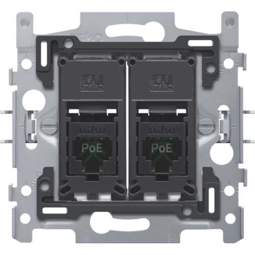 2 x RJ45 - aansluitingen UTP cat5E PoE vlakke uitvoering inclusief inbouwraam met klauwbevestiging