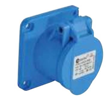 Panel mount socket outlet CEE straight compact flange 75 x 75mm 4 x 16A 200 - 250Vac 9h Blue IP44 wi